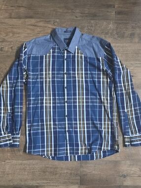 FARIANI Italy •Blue Plaid Button-Up Long Sleeves Shirt • 100% Cotton